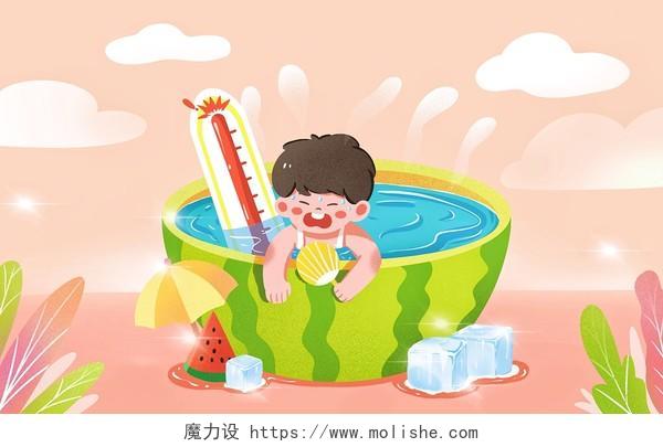 卡通高温中暑炎热节气天气温度计人消暑宣传海报高温插画